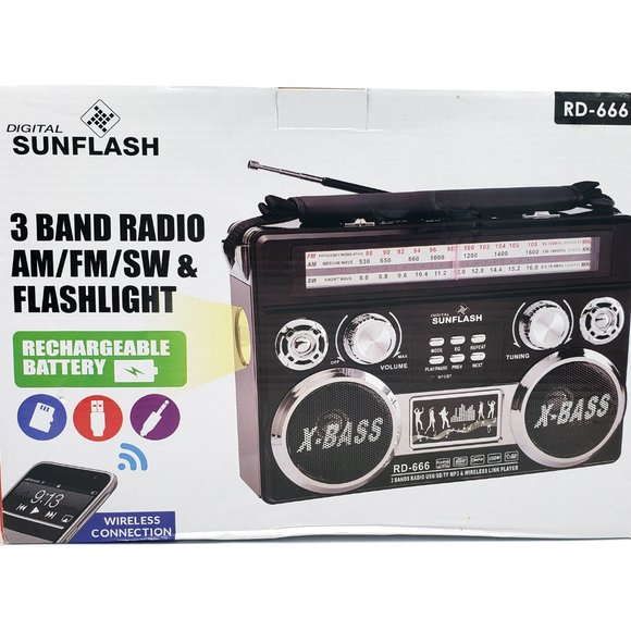 Black Portable Retro AM/FM/SW 3-Band Radio With Bluetooth & Flash Light Boombox - Picture 3 of 7